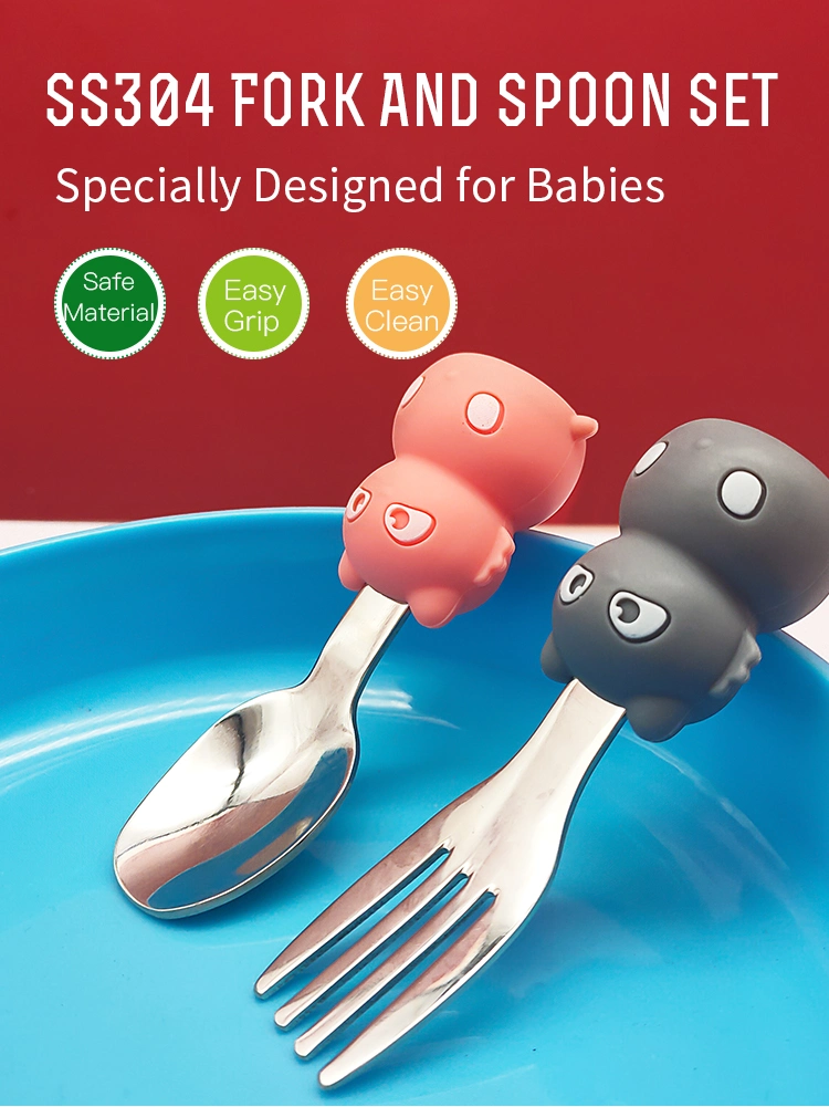 Cute Cartoon Silicone Handle Toddler Learning Feeding Tableware Stainless Steel Spoon and Fork