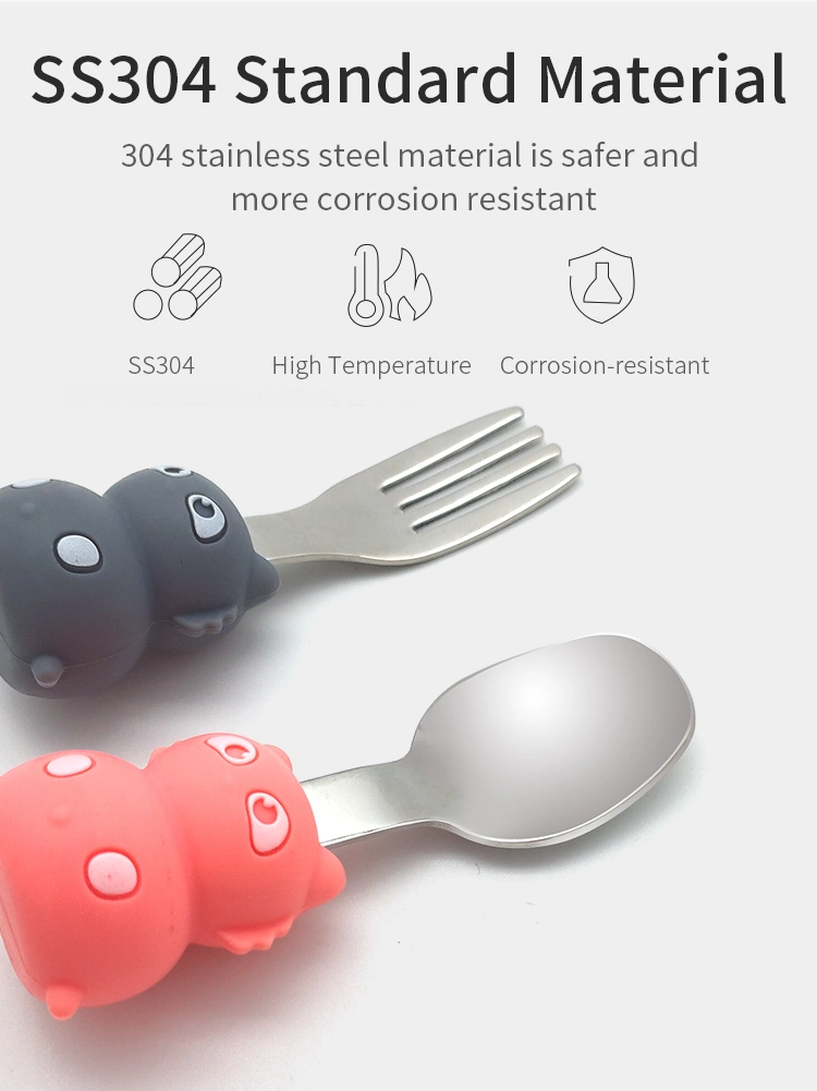 Cute Cartoon Silicone Handle Toddler Learning Feeding Tableware Stainless Steel Spoon and Fork