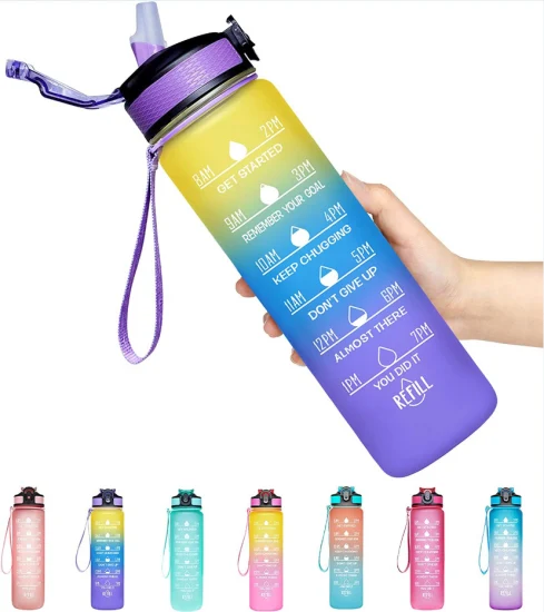 Botella de agua motivacional deportiva gratuita Tritan hermética personalizada de 32 oz con paja de marcador de tiempo