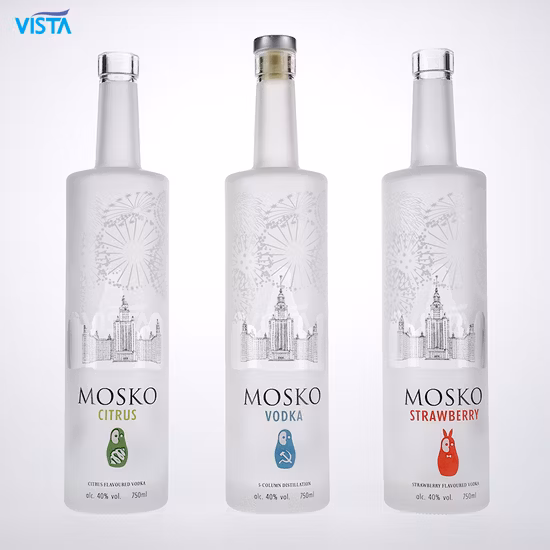 375ml 37,5cl 500ml 50cl 750ml 75cl1000ml 100cl Licor espiritual Vodka Whisky Agua Botella de vidrio con tapón de rosca Tapa de corcho Color claro de pedernal alto