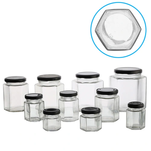 45ml 60ml 85ml 100ml 180ml 280ml 380ml 500ml 730ml Tarro de vidrio personalizado de grado alimenticio criatal hexagonal vacío para mermelada de miel a granel